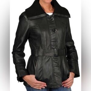 R&O Vintage Women's Black Leather Jacket‎ Size L Belted Waist Cyber Y2K Style